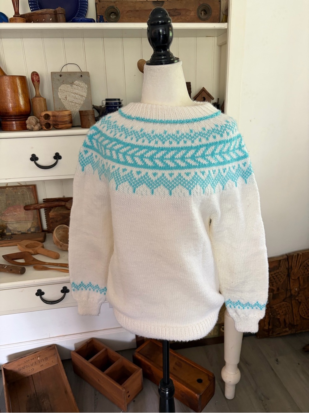 Hand Made White and Aqua Nordic Yoke Sweater